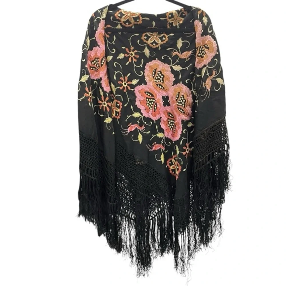 Large Floral Bird Embroidered Shawl Wrap With Tassles Black Pink Multicolored